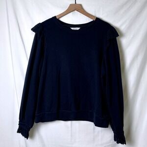 Per Una Women Eyelet Lace Ruffle Cotton Pullover Sweatshirt Navy Blue Size 18